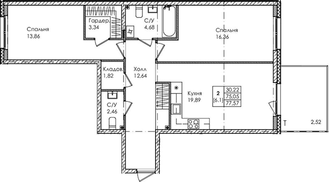 2-комнатная квартира 77.57 м², 1/4 эт., ЖК «Лисино»