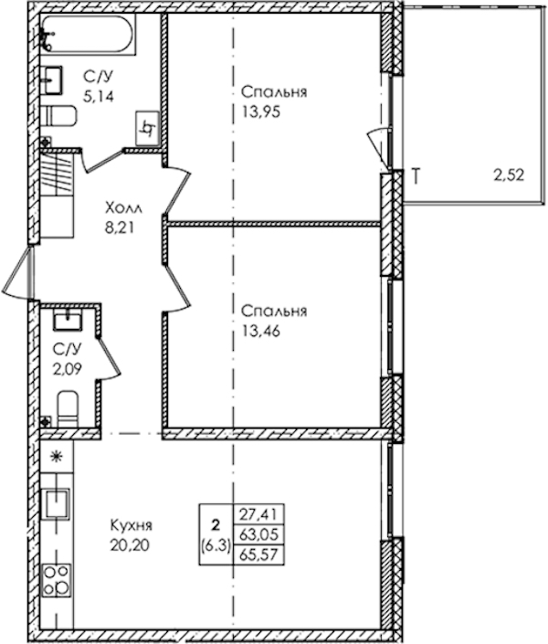 2-комнатная квартира 65.57 м², 1/4 эт., ЖК «Лисино»