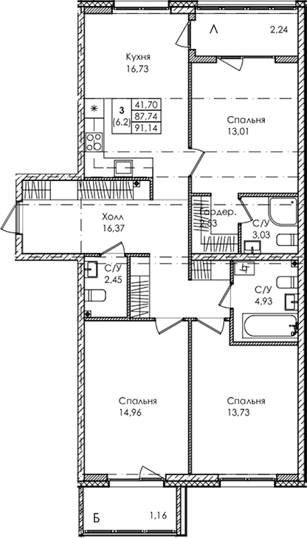 3-комнатная квартира 91.14 м², 2/4 эт., ЖК «Лисино»