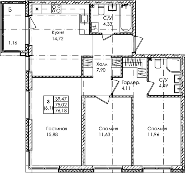 3-комнатная квартира 76.18 м², 2/4 эт., ЖК «Лисино»