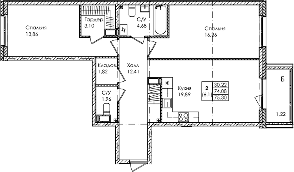 2-комнатная квартира 75.3 м², 2/4 эт., ЖК «Лисино»
