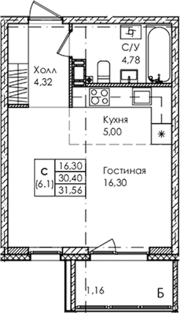 Квартира студия 31.56 м², 4/4 эт., ЖК «Лисино»