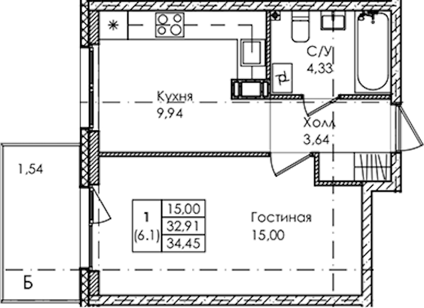 1-комнатная квартира 34.45 м², 4/4 эт., ЖК «Лисино»