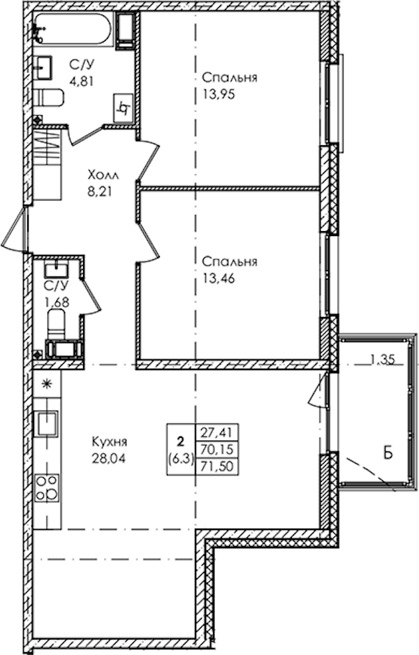 2-комнатная квартира 71.5 м², 4/4 эт., ЖК «Лисино»