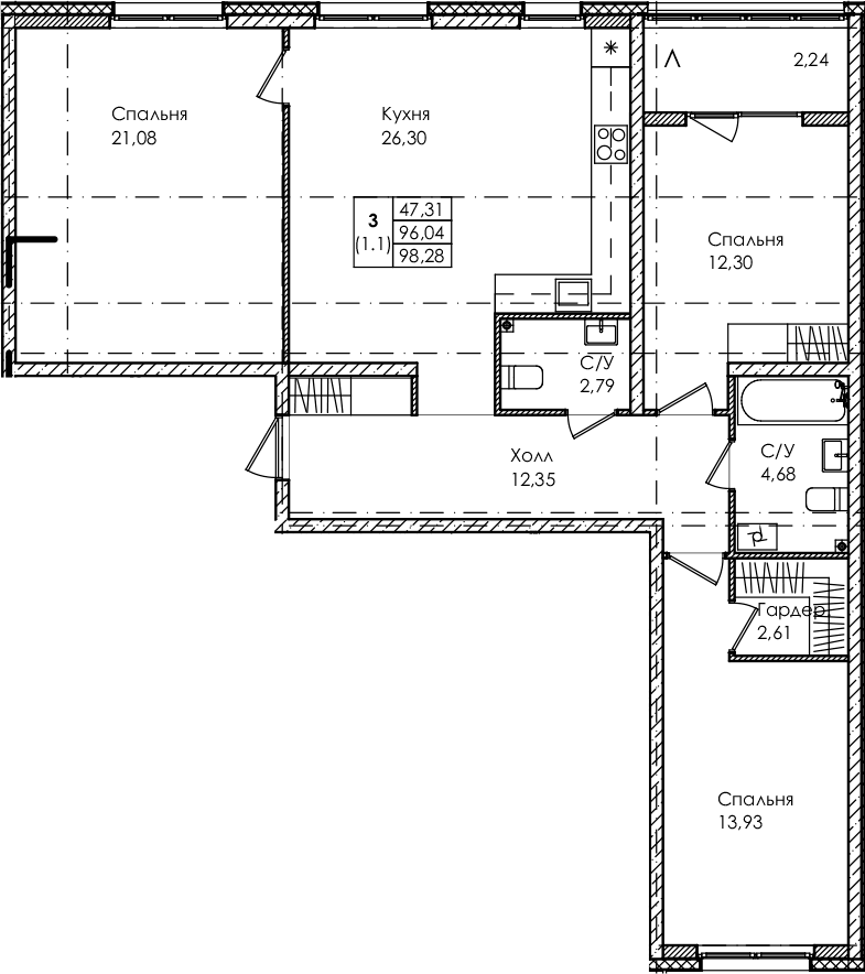 3-комнатная квартира 98.28 м², 2/4 эт., ЖК «Лисино»