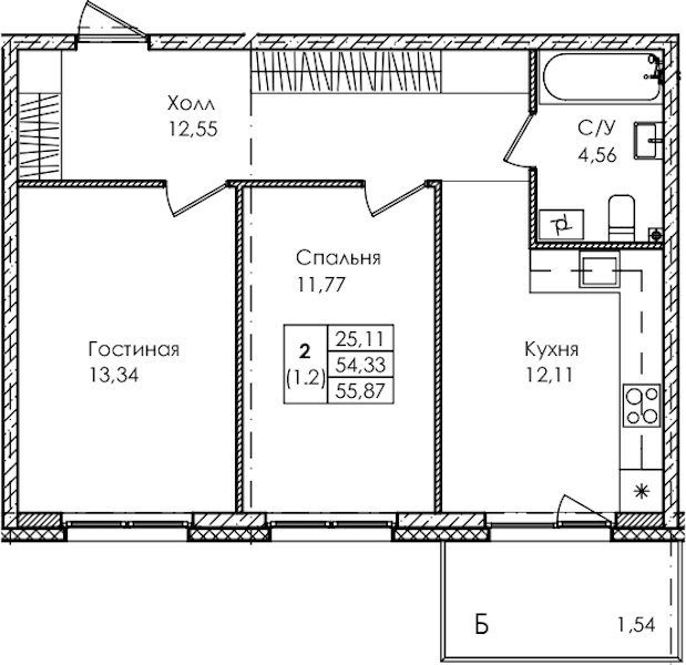 2-комнатная квартира 55.87 м², 2/4 эт., ЖК «Лисино»