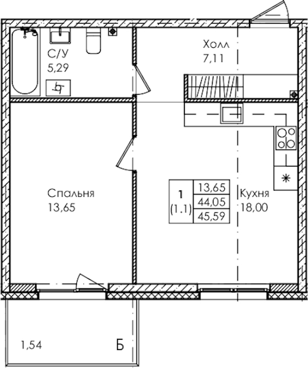 1-комнатная квартира 45.59 м², 2/4 эт., ЖК «Лисино»