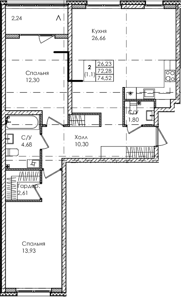 2-комнатная квартира 74.52 м², 2/4 эт., ЖК «Лисино»