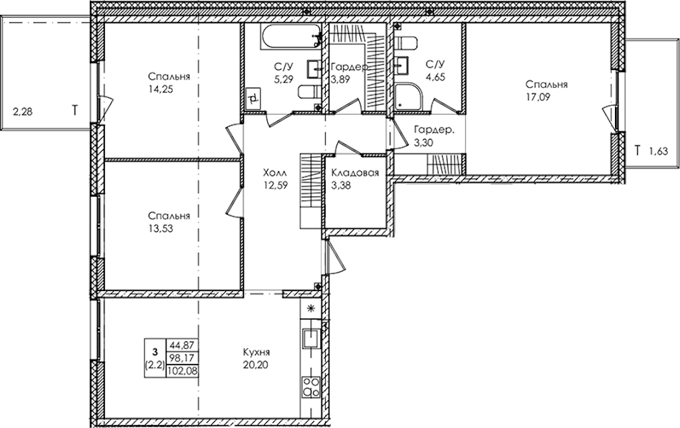 3-комнатная квартира 102.08 м², 1/4 эт., ЖК «Лисино»