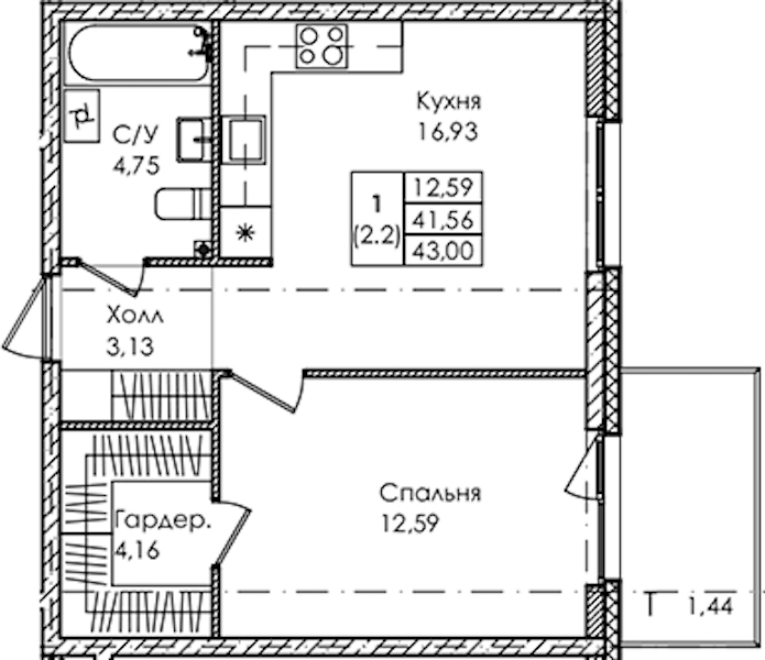 1-комнатная квартира 43 м², 1/4 эт., ЖК «Лисино»
