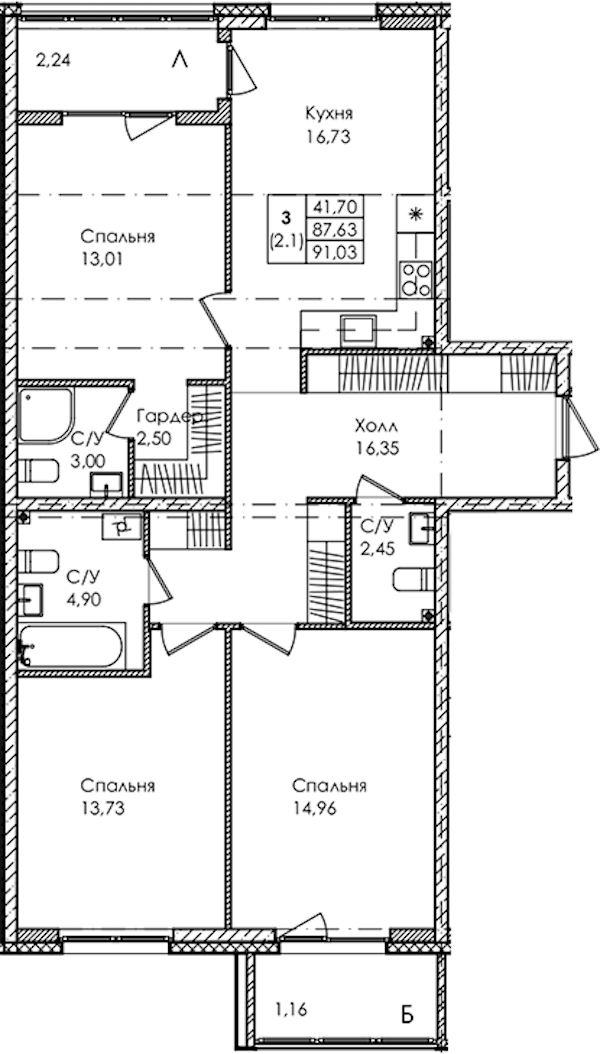 3-комнатная квартира 91.03 м², 2/4 эт., ЖК «Лисино»
