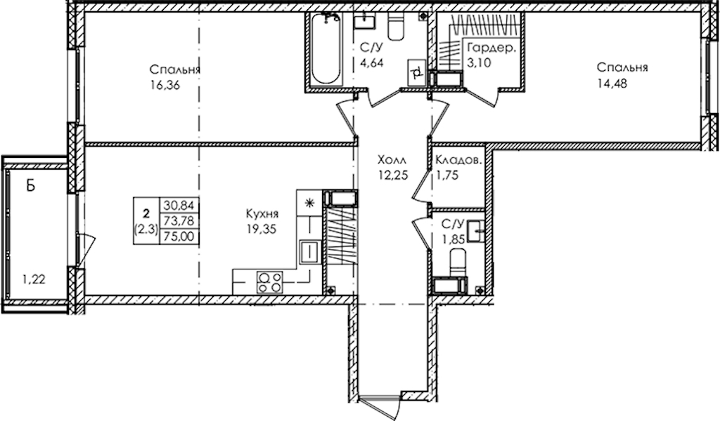 2-комнатная квартира 75 м², 4/4 эт., ЖК «Лисино»