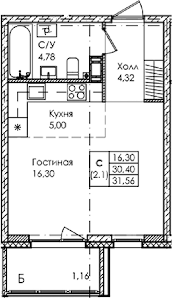 Квартира студия 31.56 м², 4/4 эт., ЖК «Лисино»