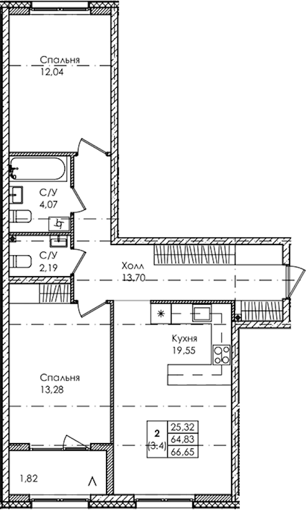 2-комнатная квартира 66.65 м², 1/4 эт., ЖК «Лисино»