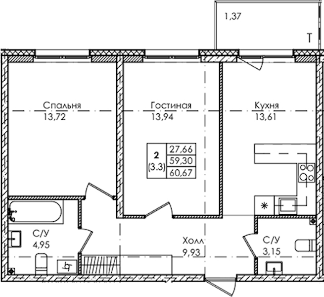 2-комнатная квартира 60.67 м², 1/4 эт., ЖК «Лисино»