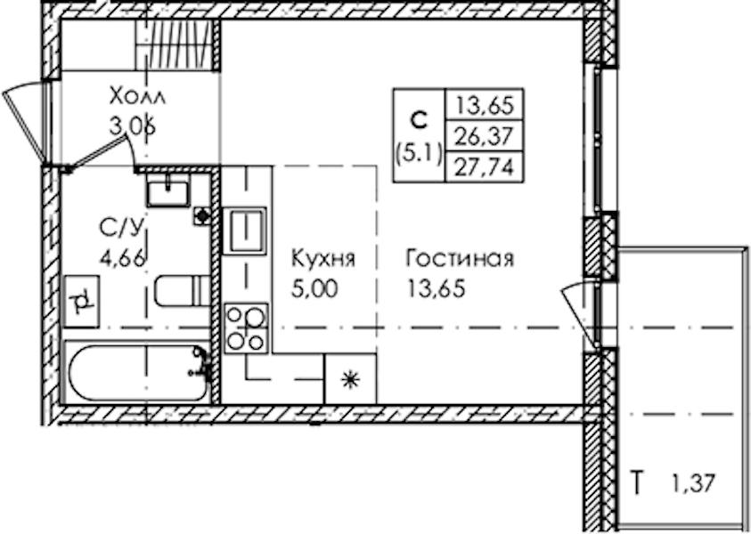 Квартира студия 27.74 м², 1/4 эт., ЖК «Лисино»