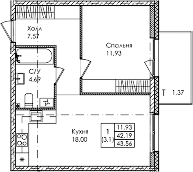 1-комнатная квартира 43.56 м², 1/4 эт., ЖК «Лисино»