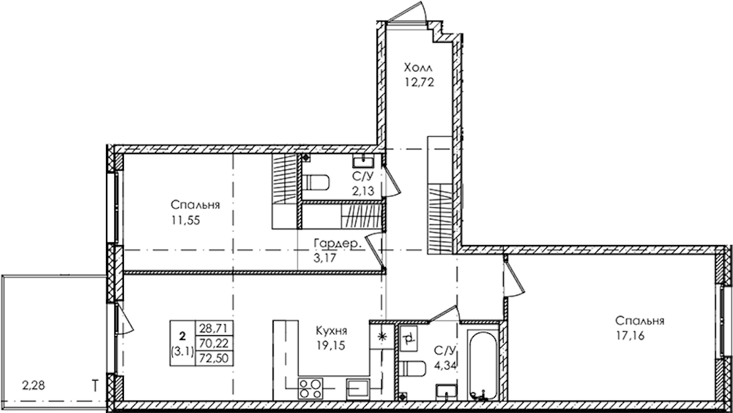 2-комнатная квартира 72.5 м², 1/4 эт., ЖК «Лисино»