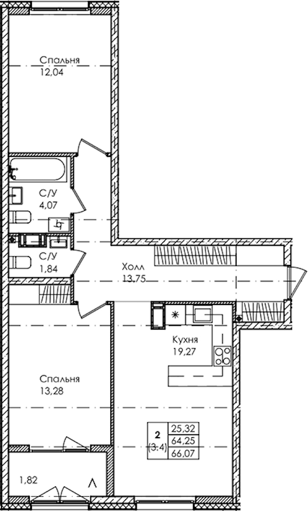2-комнатная квартира 66.07 м², 2/4 эт., ЖК «Лисино»