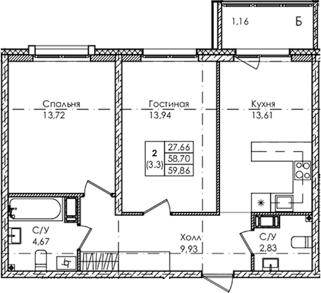 2-комнатная квартира 59.86 м², 2/4 эт., ЖК «Лисино»
