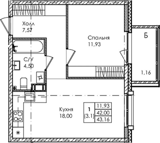1-комнатная квартира 43.16 м², 2/4 эт., ЖК «Лисино»