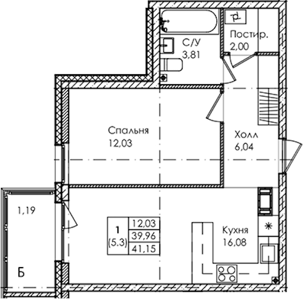 1-комнатная квартира 41.15 м², 2/4 эт., ЖК «Лисино»