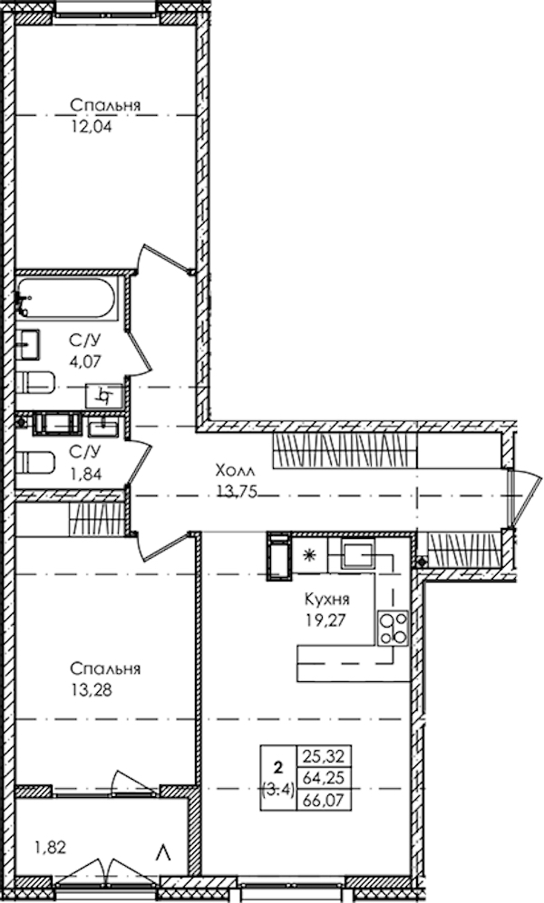 2-комнатная квартира 66.07 м², 3/4 эт., ЖК «Лисино»