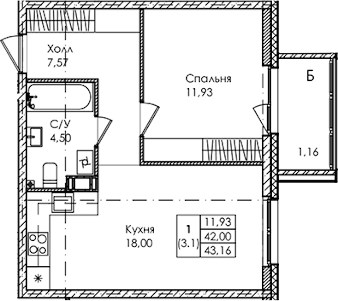 1-комнатная квартира 43.16 м², 4/4 эт., ЖК «Лисино»