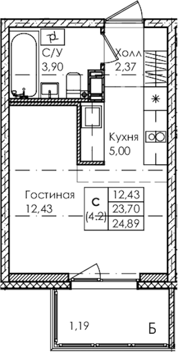 Квартира студия 24.89 м², 2/4 эт., ЖК «Лисино»