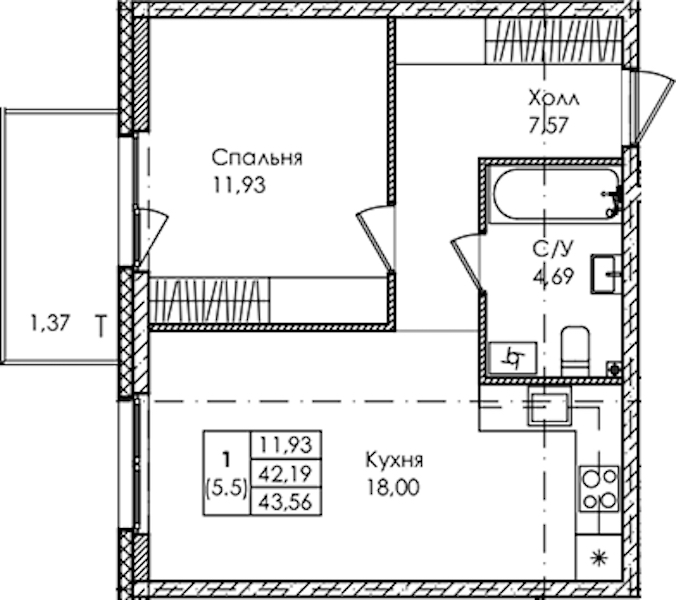 1-комнатная квартира 43.56 м², 1/4 эт., ЖК «Лисино»