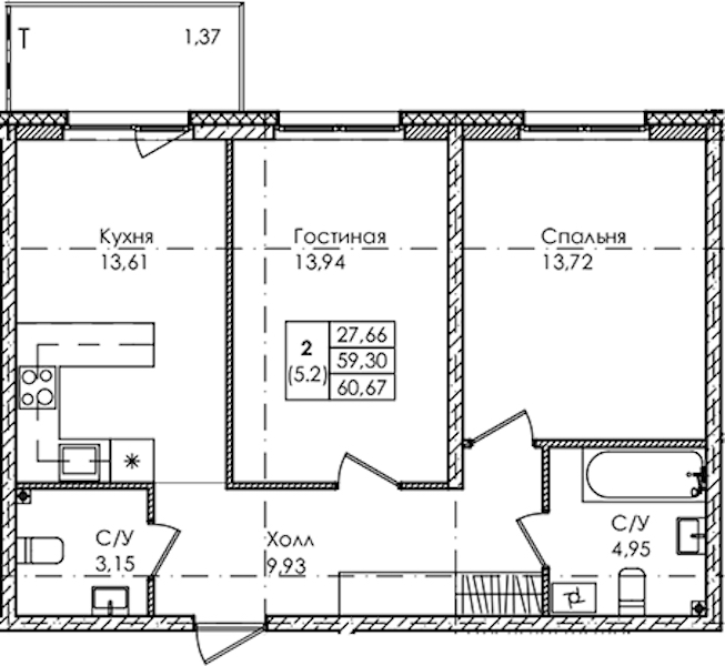 2-комнатная квартира 60.67 м², 1/4 эт., ЖК «Лисино»