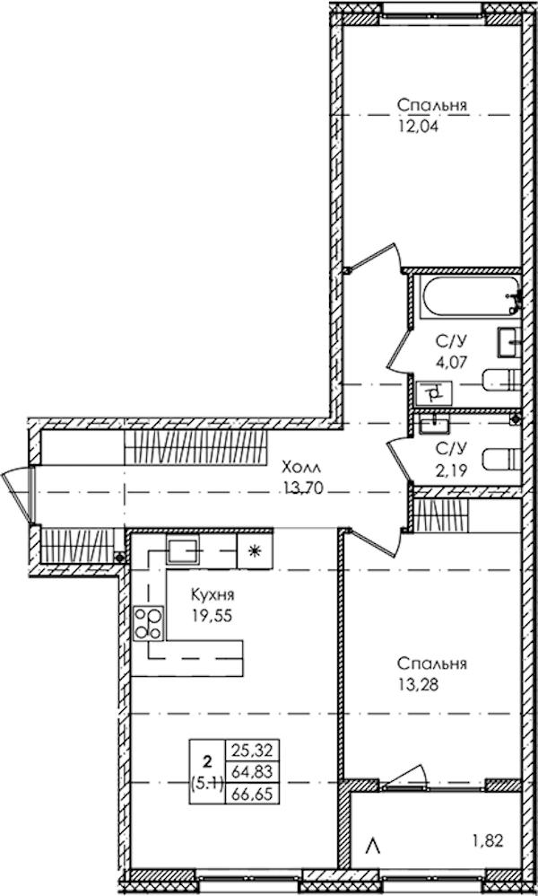 2-комнатная квартира 66.65 м², 1/4 эт., ЖК «Лисино»