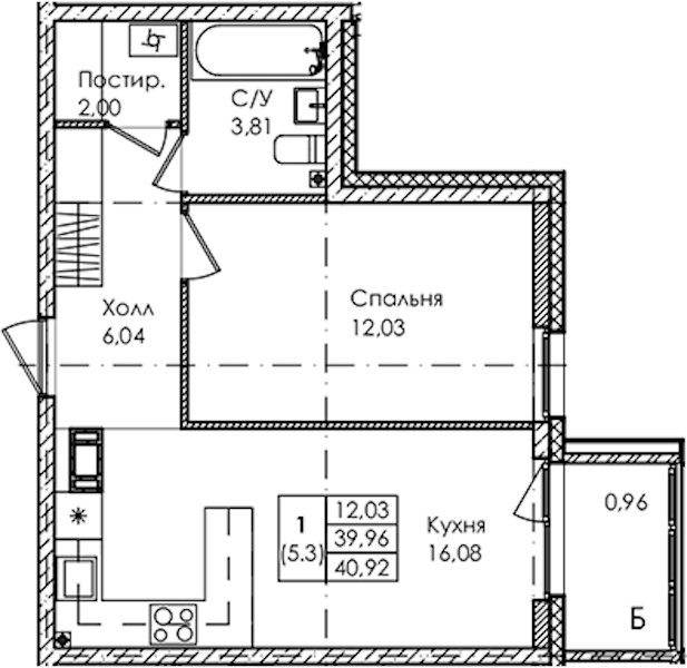 1-комнатная квартира 40.92 м², 2/4 эт., ЖК «Лисино»