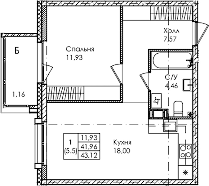 1-комнатная квартира 43.12 м², 2/4 эт., ЖК «Лисино»