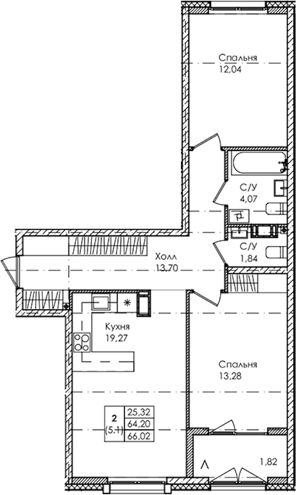 2-комнатная квартира 66.02 м², 2/4 эт., ЖК «Лисино»