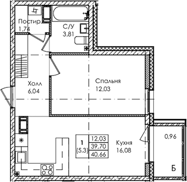 1-комнатная квартира 40.66 м², 3/4 эт., ЖК «Лисино»