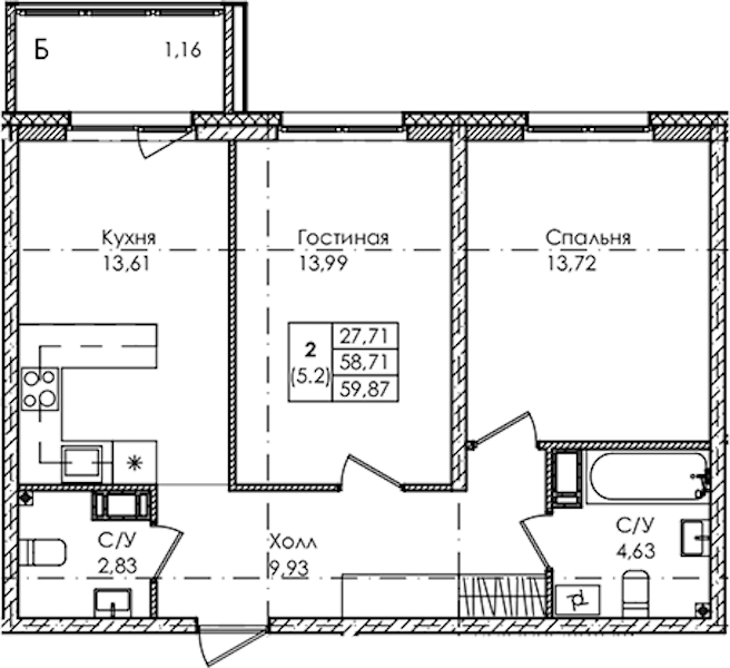 2-комнатная квартира 59.87 м², 3/4 эт., ЖК «Лисино»