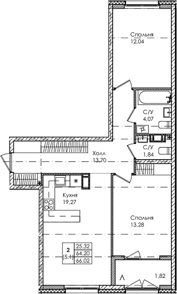 2-комнатная квартира 66.02 м², 3/4 эт., ЖК «Лисино»