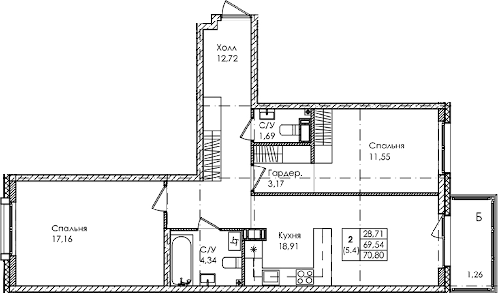 2-комнатная квартира 70.8 м², 4/4 эт., ЖК «Лисино»