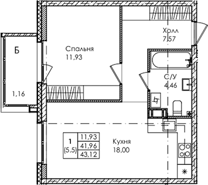 1-комнатная квартира 43.12 м², 4/4 эт., ЖК «Лисино»