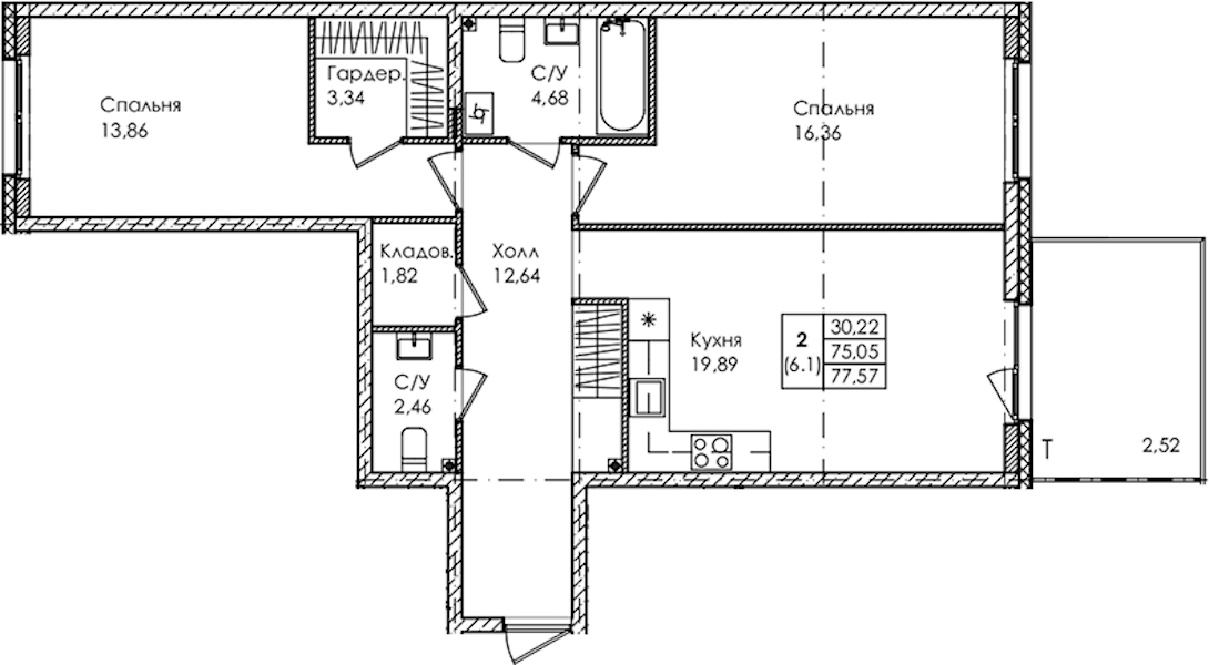 3-комнатная квартира 77.57 м², 1/4 эт., ЖК «Лисино»