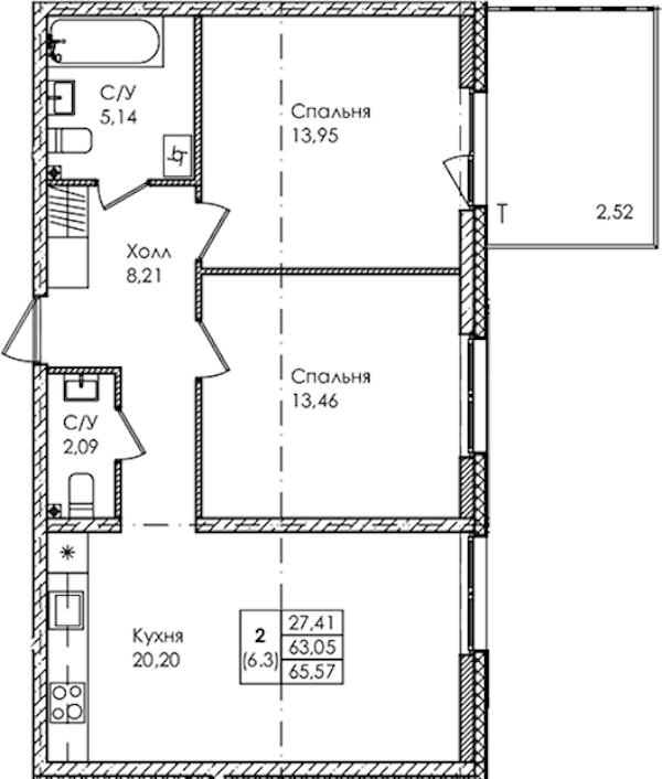 2-комнатная квартира 65.57 м², 1/4 эт., ЖК «Лисино»