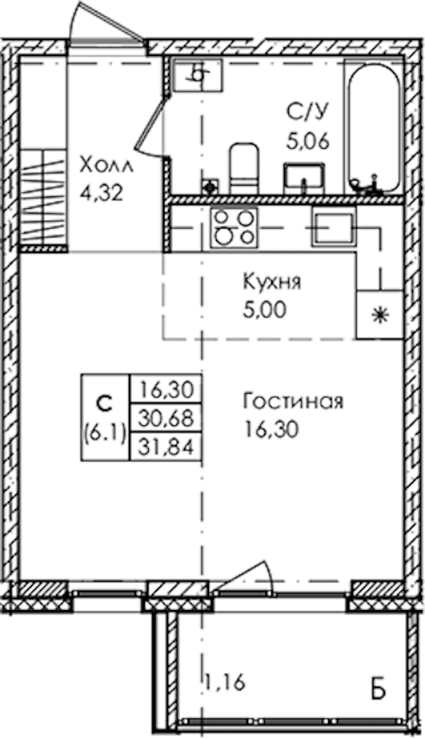 Квартира студия 31.84 м², 2/4 эт., ЖК «Лисино»