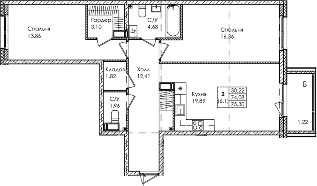 2-комнатная квартира 75.3 м², 3/4 эт., ЖК «Лисино»