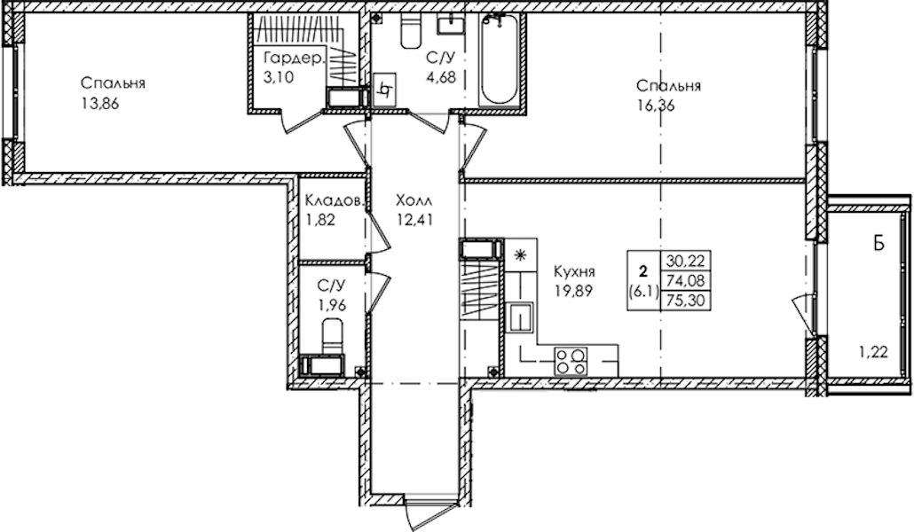 2-комнатная квартира 75.3 м², 4/4 эт., ЖК «Лисино»