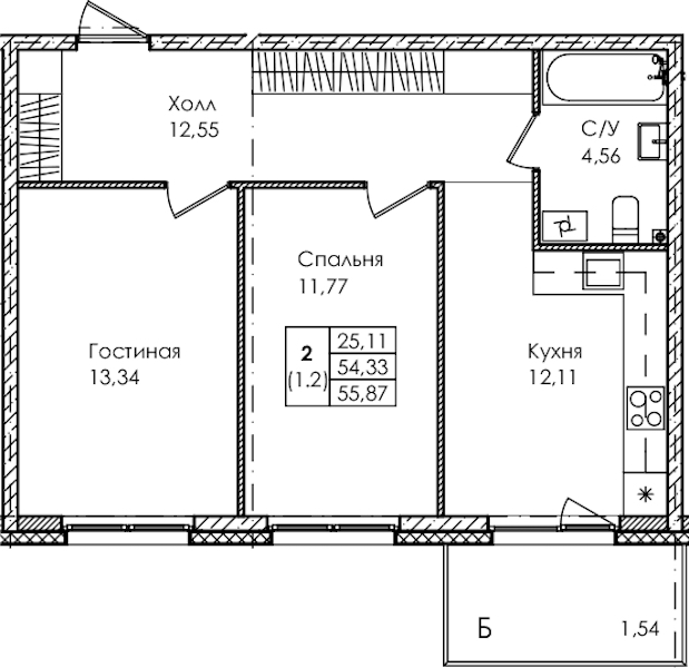 2-комнатная квартира 55.87 м², 2/4 эт., ЖК «Лисино»