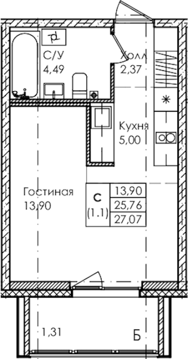 Квартира студия 27.07 м², 2/4 эт., ЖК «Лисино»
