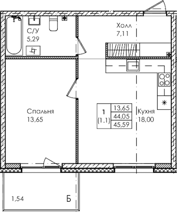1-комнатная квартира 45.59 м², 2/4 эт., ЖК «Лисино»