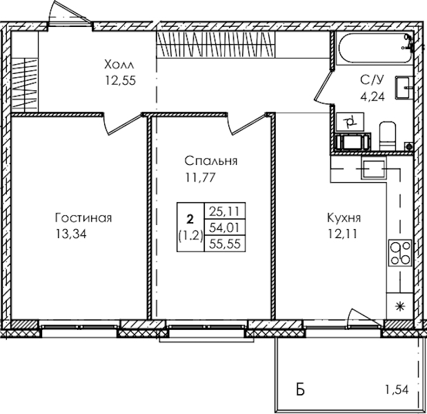 2-комнатная квартира 55.55 м², 3/4 эт., ЖК «Лисино»