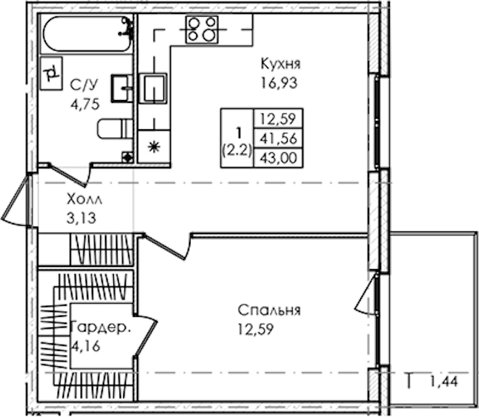 1-комнатная квартира 43 м², 1/4 эт., ЖК «Лисино»